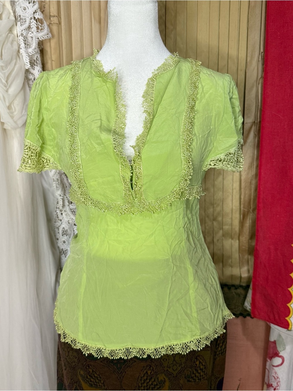 Vintage 90’s Silk Nanette Lepore Lime Green Lace-Trim Blouse